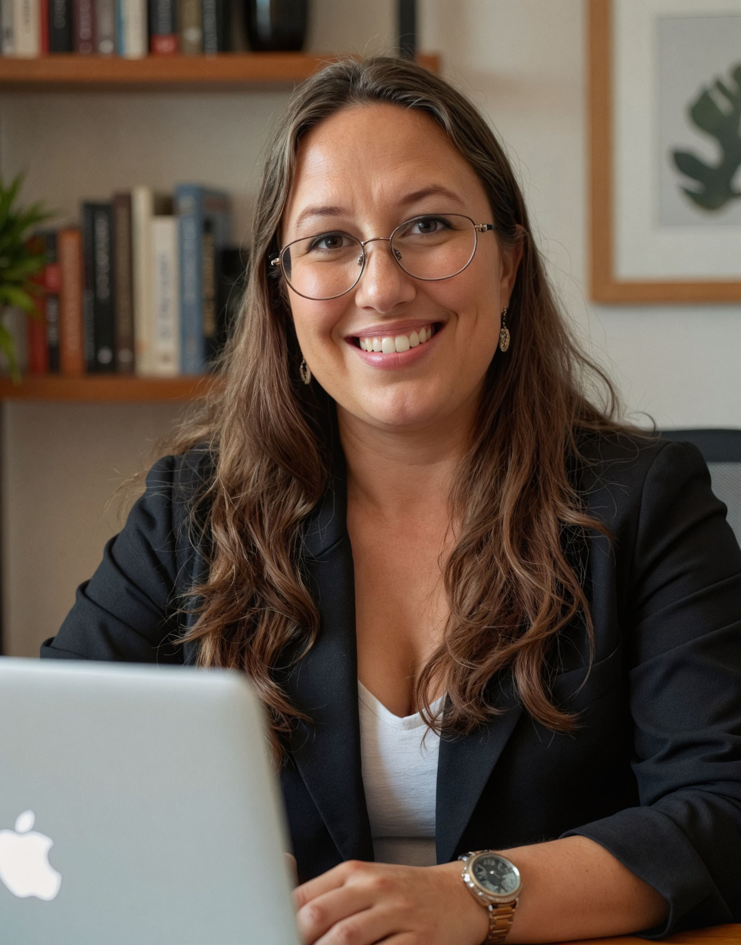 Maddie smiling at her desk with a laptop and bookshelves behind her